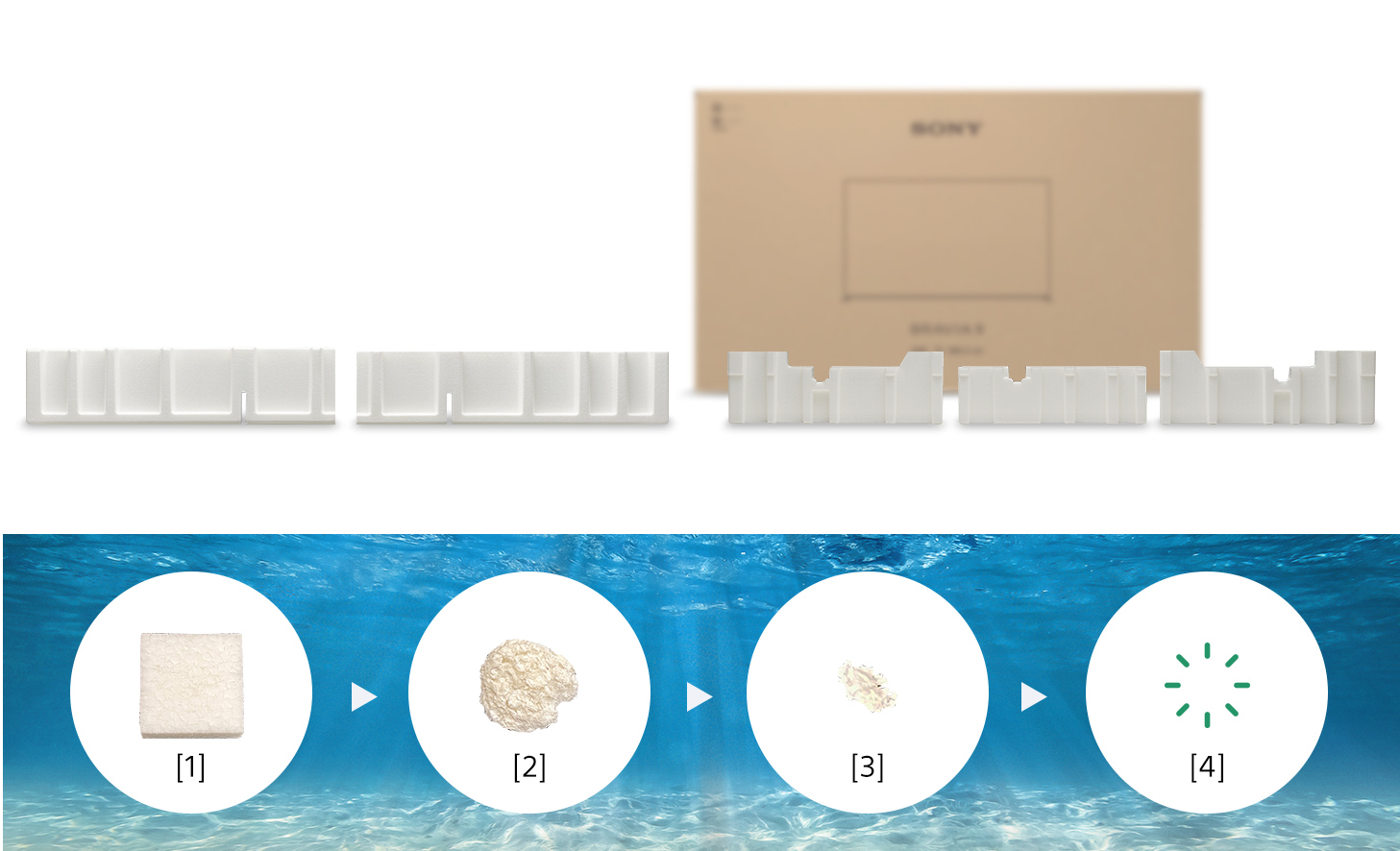 Ilustraciones que muestran embalaje biodegradable (arriba) y una representación de cómo el embalaje se biodegrada en agua (abajo) y desaparece por completo luego de 7 u 8 meses.