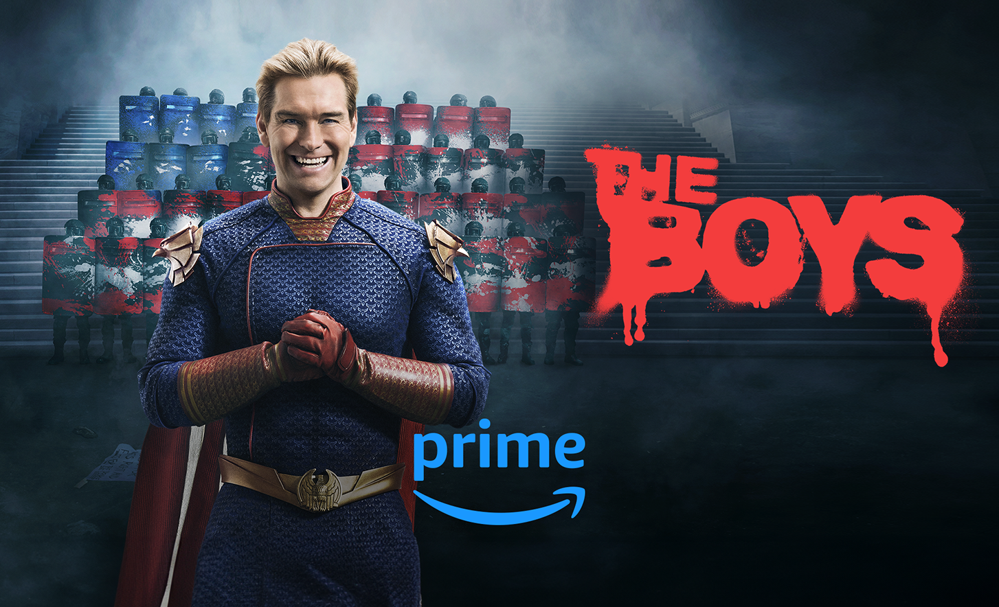 Captura de pantalla de personaje de “The Boys” y el logotipo de Amazon Prime debajo.