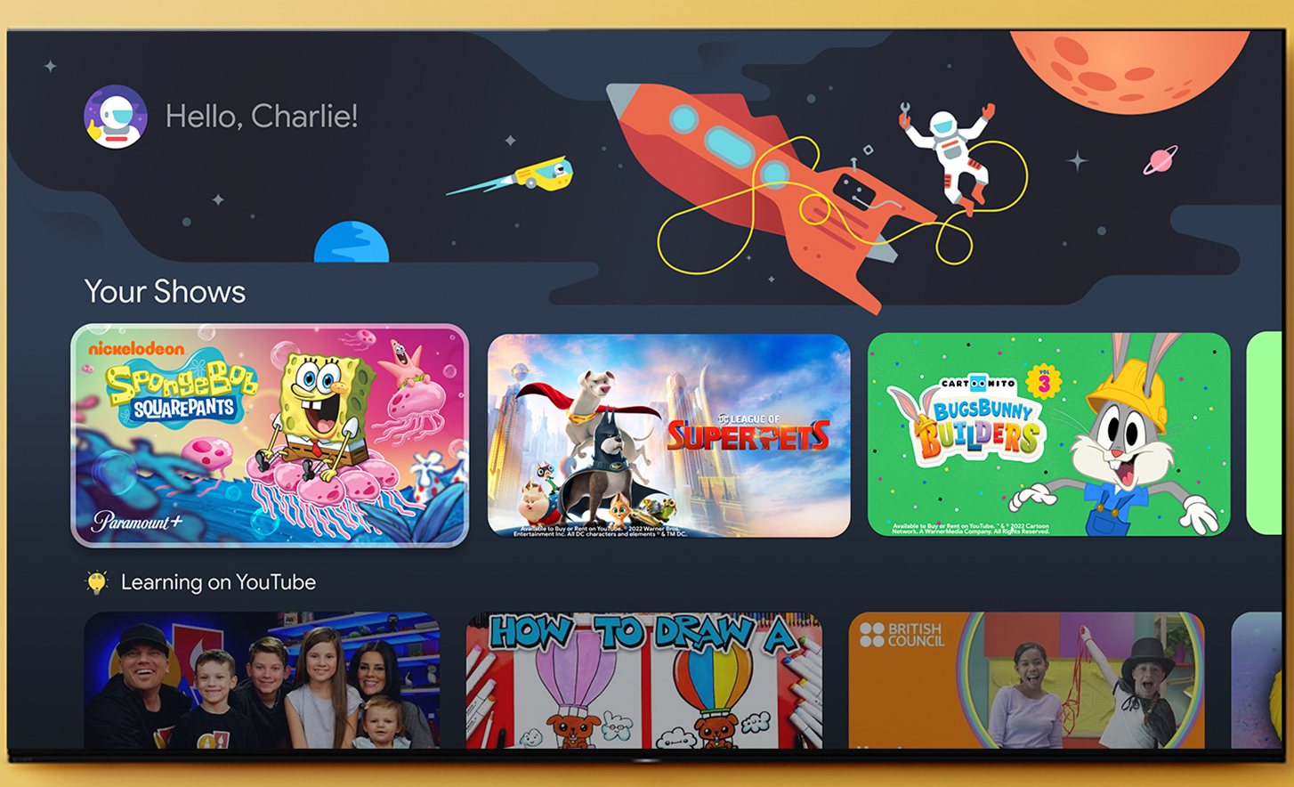 Captura de pantalla que muestra contenido para niños en Google TV.