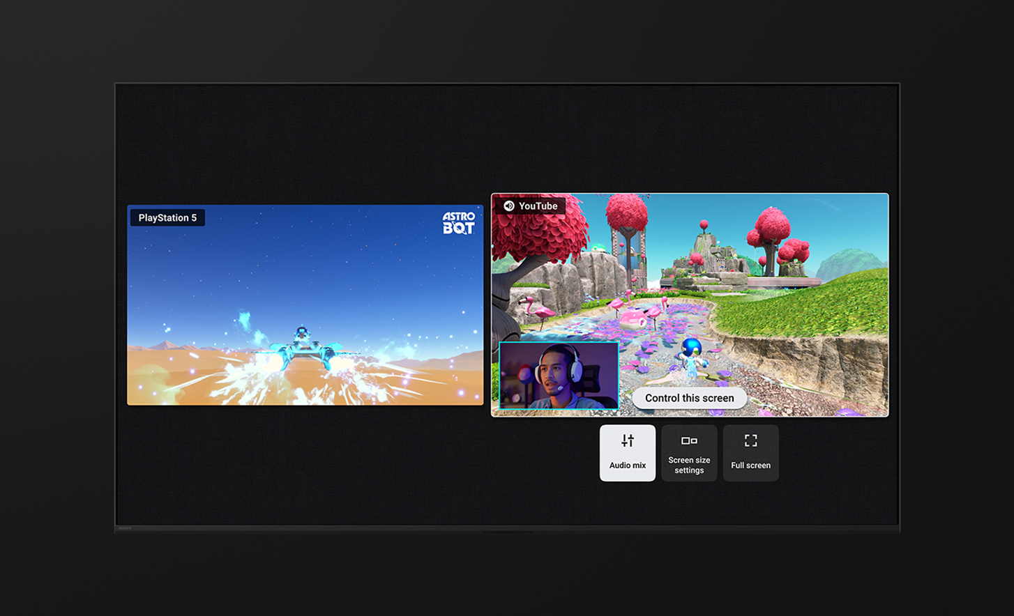 Captura de pantalla que muestra la función Multi-View, con el videojuego Astro Bot a la izquierda y YouTube a la derecha.