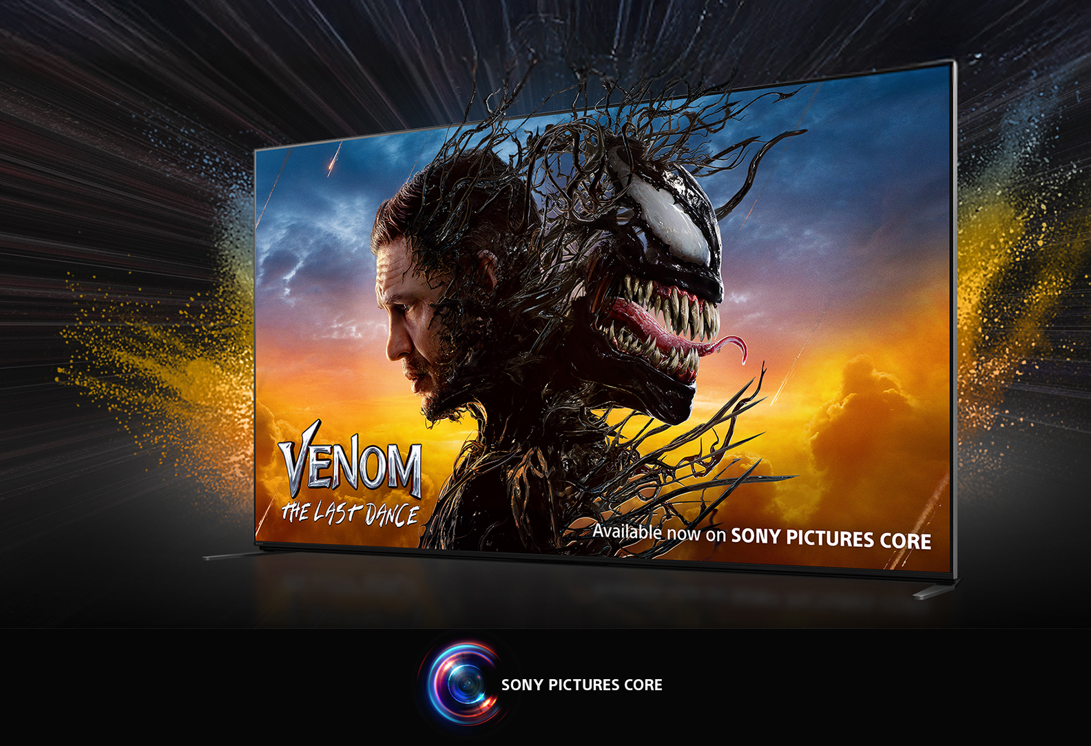Vista angular de un televisor BRAVIA en el que se lee “Venom: El último baile” con un fondo con destellos vibrante y un texto en el que se lee “Disponible ahora en SONY PICTURES CORE”.