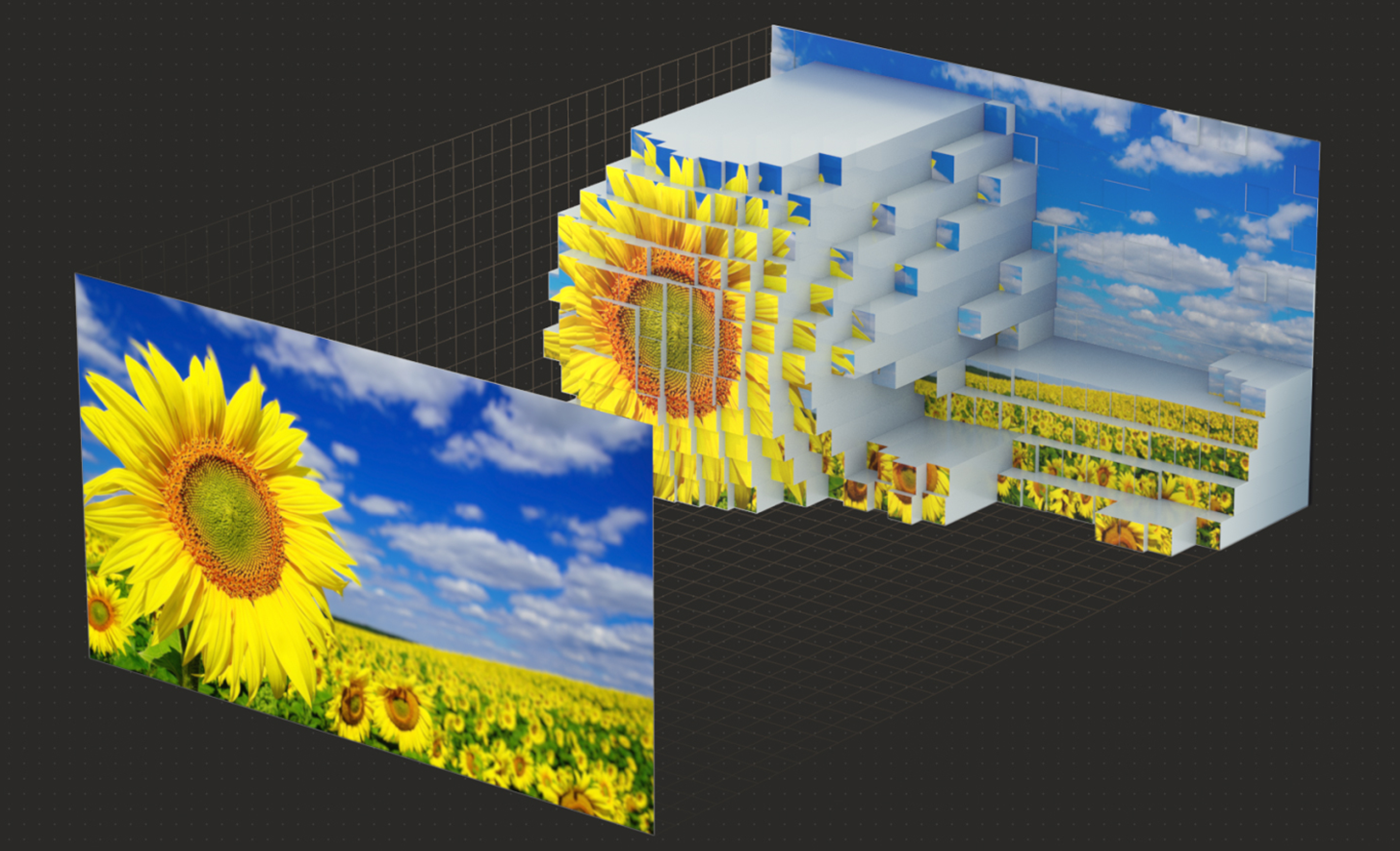 Ilustración de una asignación de profundidad con un campo de girasoles, que muestra cómo las capas de la imagen se analizan y ajustan para mejorar la profundidad y el realismo de los televisores BRAVIA.